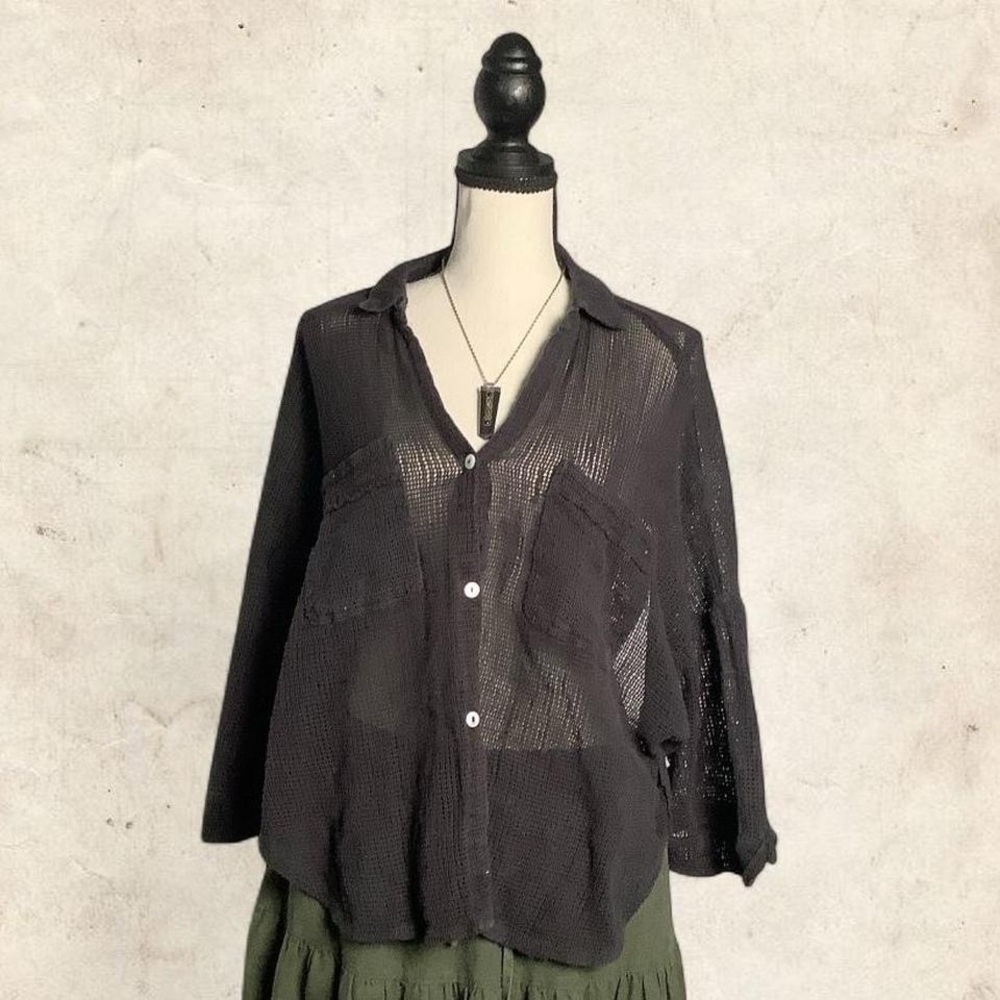 Black Sheer Button Down Cropped Top - image 1